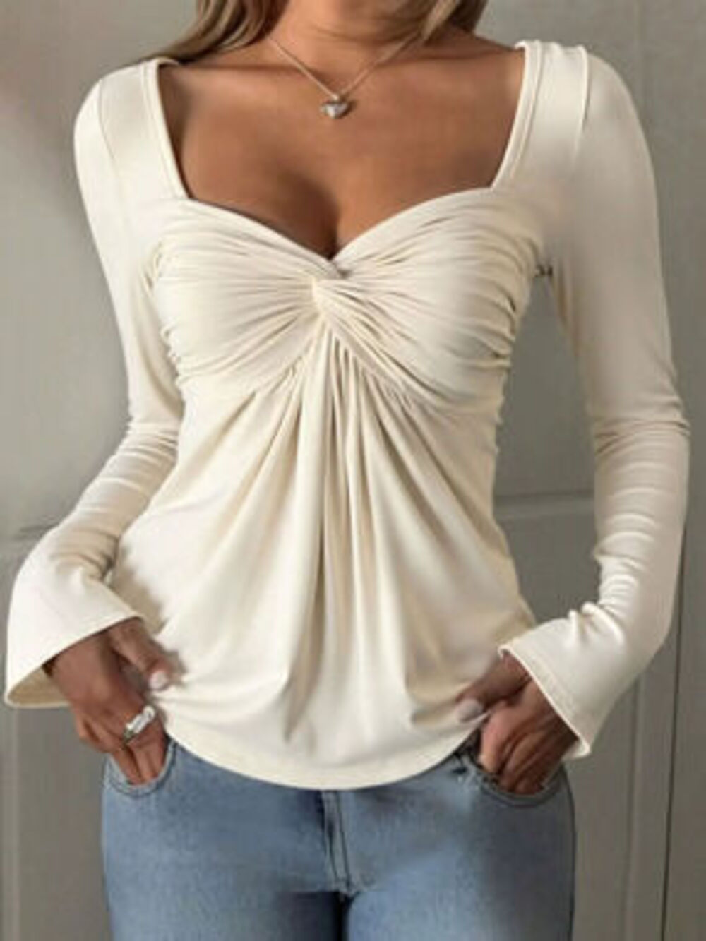 Spring Summer Long Sleeve Elegant Casual Solid Color Pullover Ruffle Top